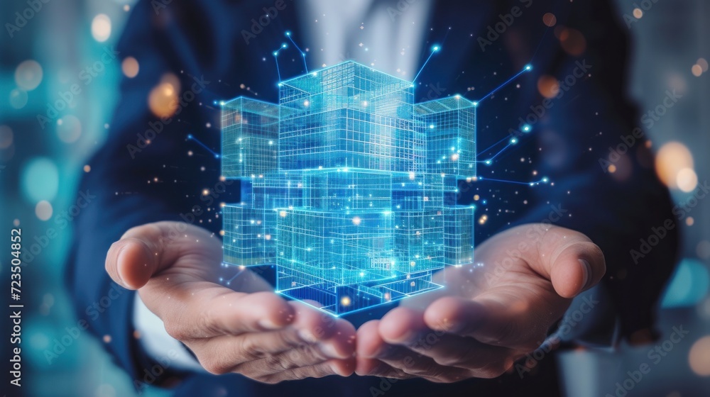 Engineer holds building icon over seamless network connection Engineer holds building icon over seamless network connection