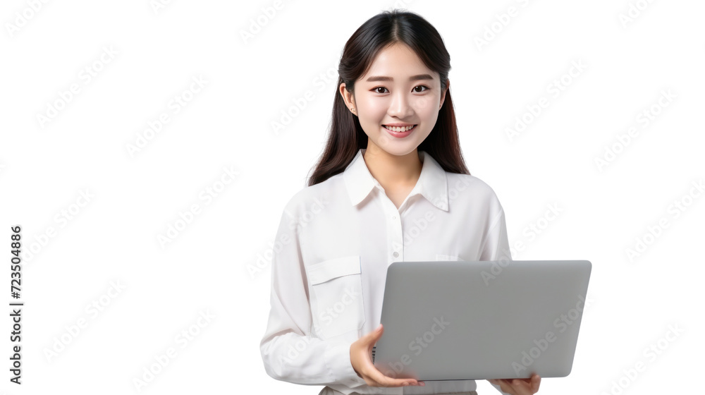 Portrait young asian girl woman happy and success holding computer isolated on transparent and white background.PNG image. Portrait young asian girl woman happy and success holding computer isolated on transparent and white background.PNG image.