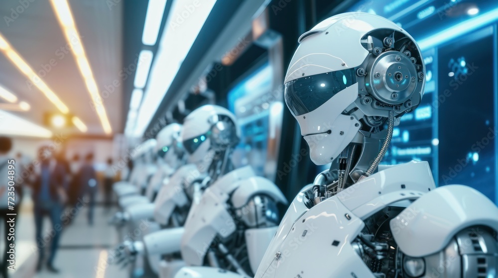 Fototapeta premium Robots and humans experience online banking networks. Brain data gets cyber-secured Fintech and AI-powered technologies are driving innovation.