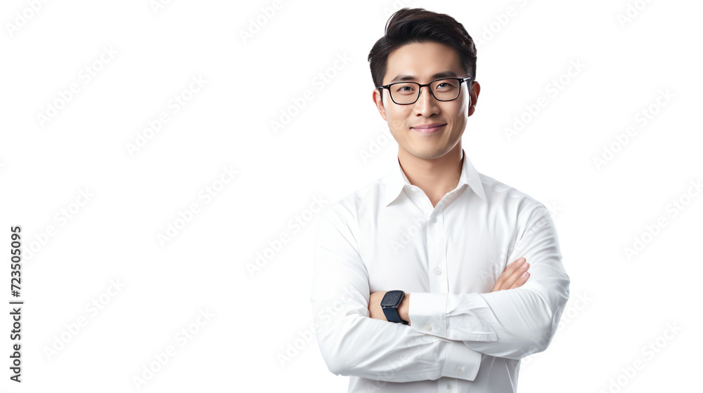 Portrait of young happy smiling business man Asian, crossed arms isolated on transparent and white background.PNG image. Portrait of young happy smiling business man Asian, crossed arms isolated on transparent and white background.PNG image.