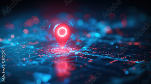 Futuristic Network Visualization of Digital City Map with Glowing Location Marker photo