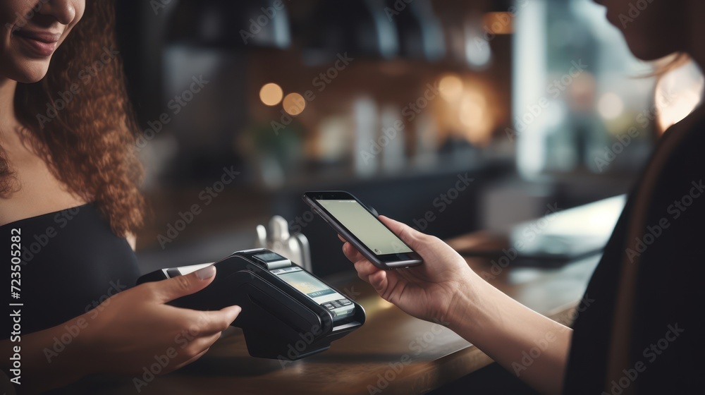 A Close up of female customer holding smartphone paying for order using modern simple e-wallet technology. The waiter provides a card reader for the customer to conduct a cashless payment transaction. - obrazy, fototapety, plakaty 