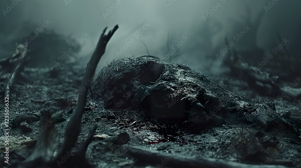 Carcass of mother earth in a dark, gothic scene surrounded by dark mud. An environment of ominous darkness and soil deterioration. Visual metaphor for the dark fragility of nature. - obrazy, fototapety, plakaty 