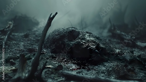 Carcass of mother earth in a dark, gothic scene surrounded by dark mud. An environment of ominous darkness and soil deterioration. Visual metaphor for the dark fragility of nature. photo