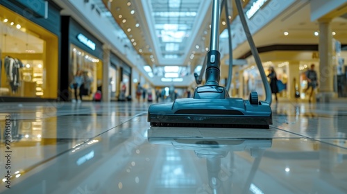 in the department store There is a vacuum cleaner on the floor.