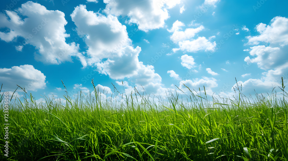 Illustration background, Beautiful grassy fields and summer blue sky with fluffy white clouds in the wind