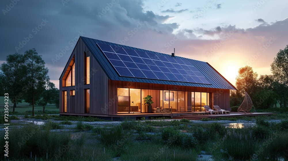 New suburban house with a photovoltaic system on the roof. Modern eco friendly passive house with landscaped yard New suburban house with a photovoltaic system on the roof. Modern eco friendly passive house with landscaped yard