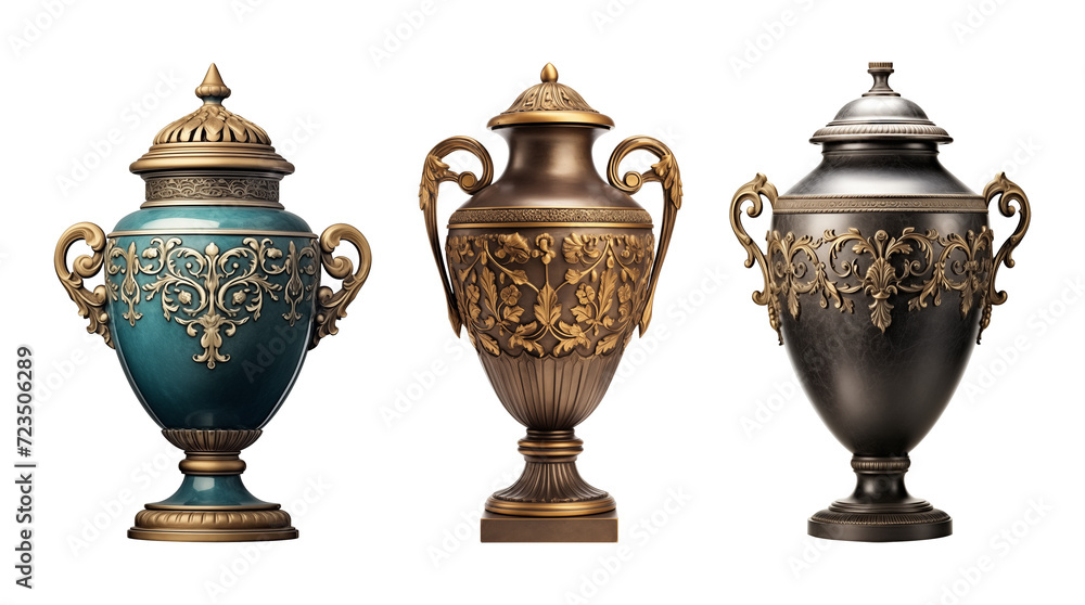 Antique Urn Vase Set Isolated on Transparent Background
