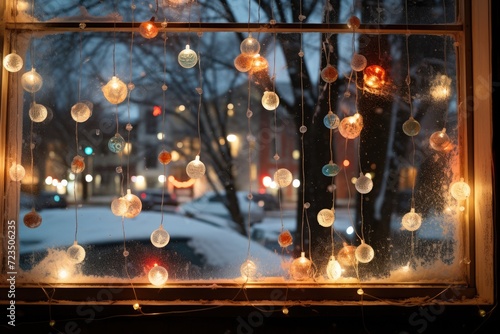 Close-up of a snowy window pane adorned with Christmas decals.