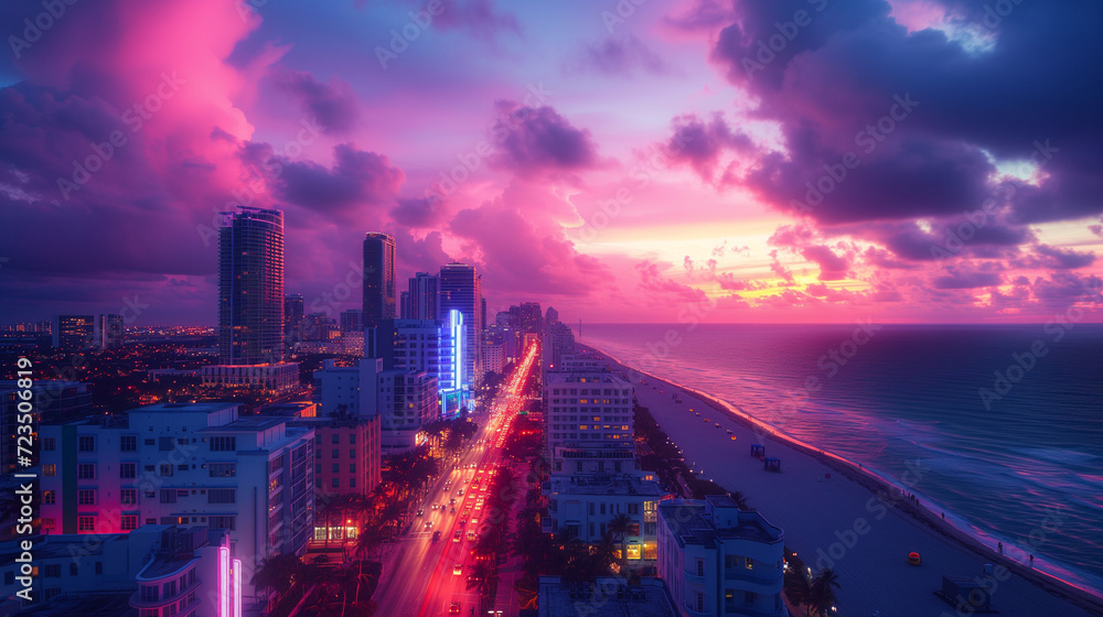 Sunset at Miami Art Deco District, drone photo of Ocean Drive Miami neon art deco buildings , city skyline at night