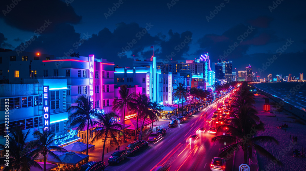 Obraz premium Sunset at Miami Art Deco District, drone photo of Ocean Drive Miami neon art deco buildings ,night city street