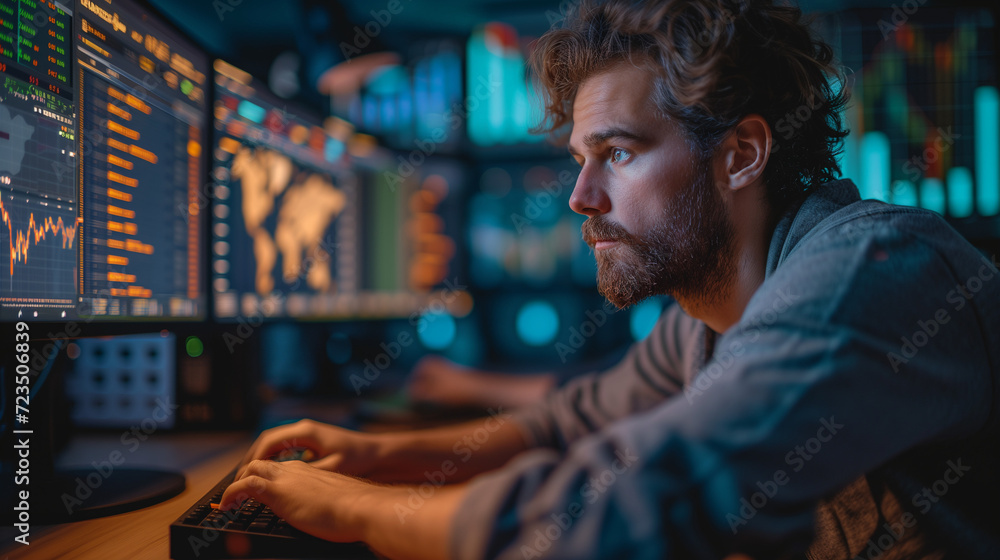 person working on computer young men trading bitcoin on computer looking at chart on the screen person working on computer young men trading bitcoin on computer looking at chart on the screen