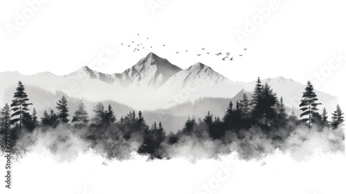 A Black and white mountain range, landscape, tree symbols, stencil vector illustration.