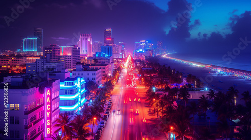 night view of the city Sunset at Miami Art Deco District  drone photo of Ocean Drive Miami neon art deco buildings 