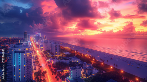 sunset over the city,Sunset at Miami Art Deco District, drone photo of Ocean Drive Miami neon art deco buildings 