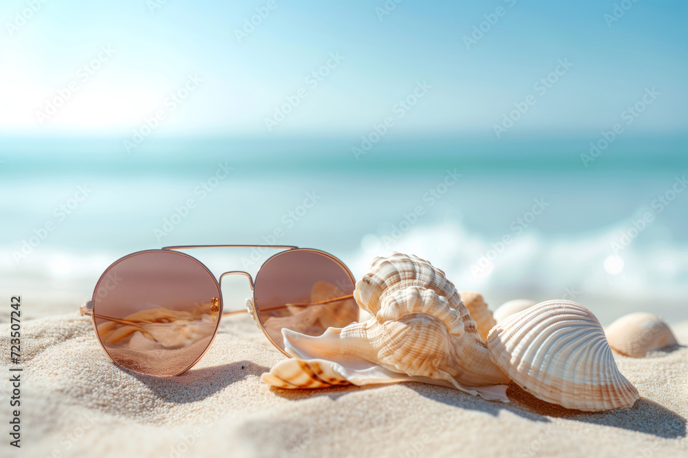 Relaxing beach vacation with seashells on sand a sunglasses Generative AI