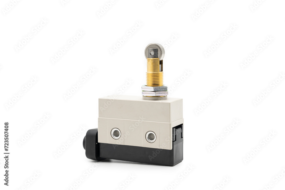 Limit switch sensor of the machine. limit switch for mechanical movement and actuators limits. isolated on white background of limit switch, control device, electrical equipment in control system. Limit switch sensor of the machine. limit switch for mechanical movement and actuators limits. isolated on white background of limit switch, control device, electrical equipment in control system.