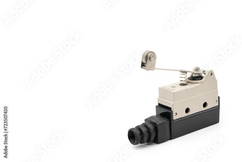 Limit switch sensor of the machine. limit switch for mechanical movement and actuators limits. isolated on white background of limit switch, control device, electrical equipment in control system.
