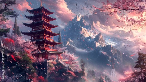 view of japanese pagoda in the mountains. Seamless looping time-lapse virtual 4k video animation background. photo