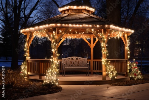 Decorating an outdoor gazebo with strings.