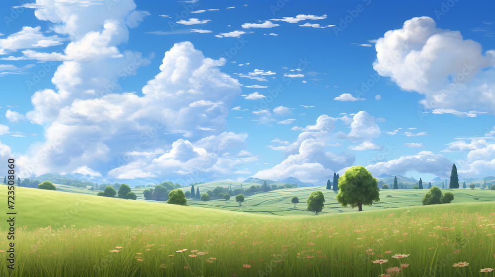 Illustration background, Beautiful grassy fields and summer blue sky with fluffy white clouds in the wind