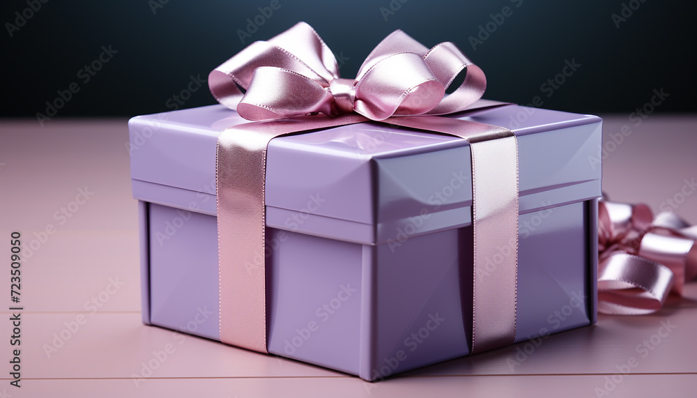Obraz premium Birthday gift wrapped in shiny purple wrapping paper with satin bow generated by AI