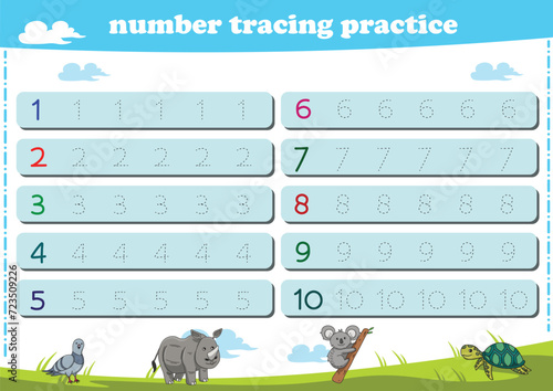 Writing practice for kindgarten kids. Number tracing worksheet with wildlife animals. Vector illustration