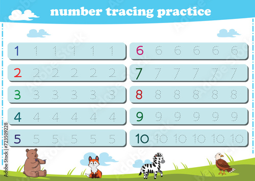 Writing practice for kindgarten kids. Number tracing worksheet with wildlife animals. Vector illustration