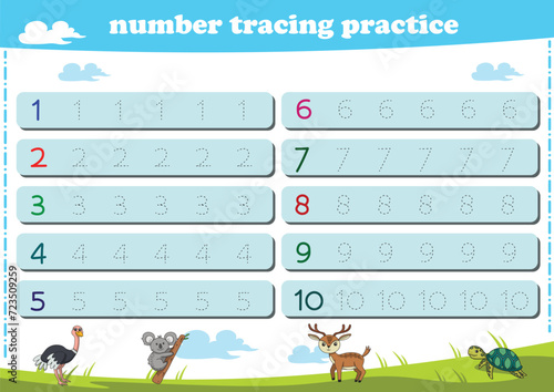 Writing practice for kindgarten kids. Number tracing worksheet with wildlife animals. Vector illustration