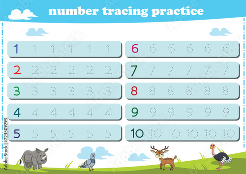 Writing practice for kindgarten kids. Number tracing worksheet with wildlife animals. Vector illustration