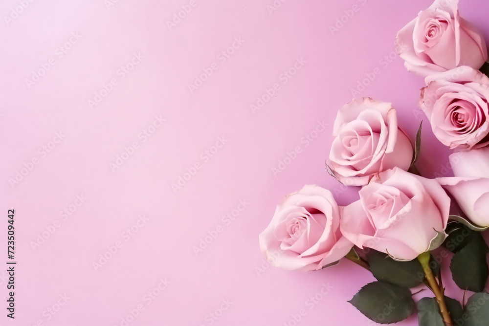 Minimal pink roses and pink background copy space concept