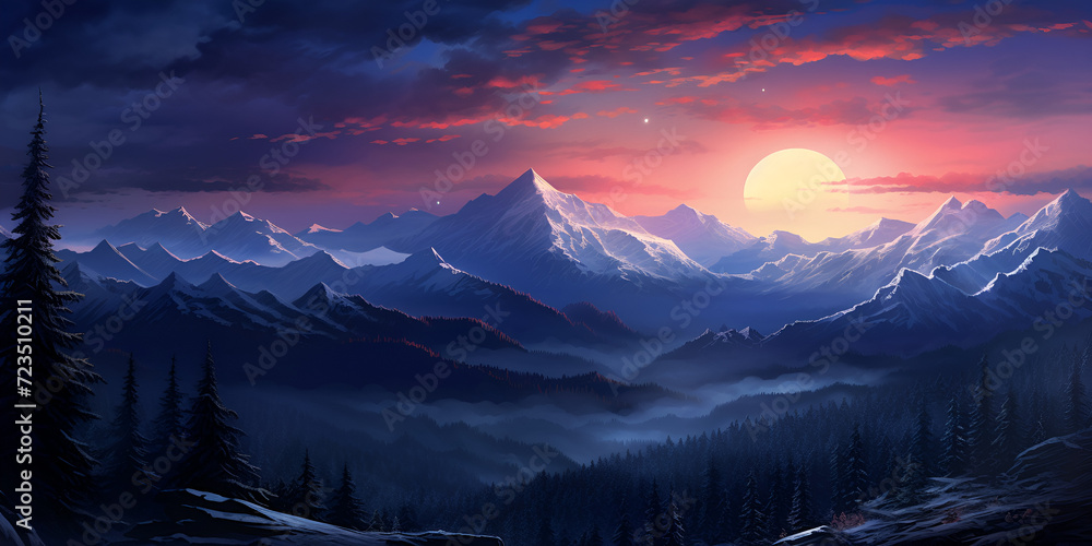 sunset in the mountains, A painting of a mountain landscape with a sunset in the background, Sunset panorama with dramatic sky, Generative AI