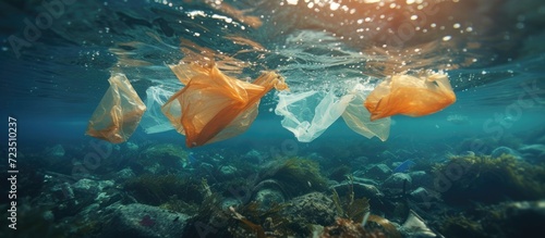 Plastic debris  such as bags  floating in the ocean  causing water pollution.