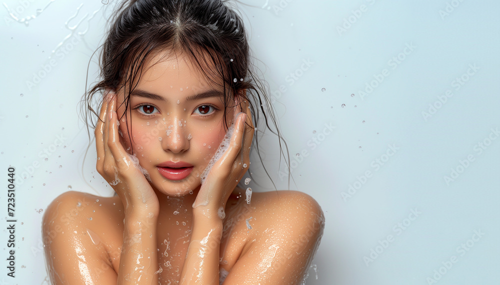 Naklejka premium Portrait of beautiful and happy young asian woman with wet hair and foamy cleanser on her glowing skin face, isolated background