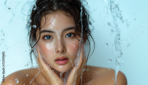 Portrait of beautiful and happy young asian woman with wet hair and foamy cleanser on her glowing skin face, isolated background