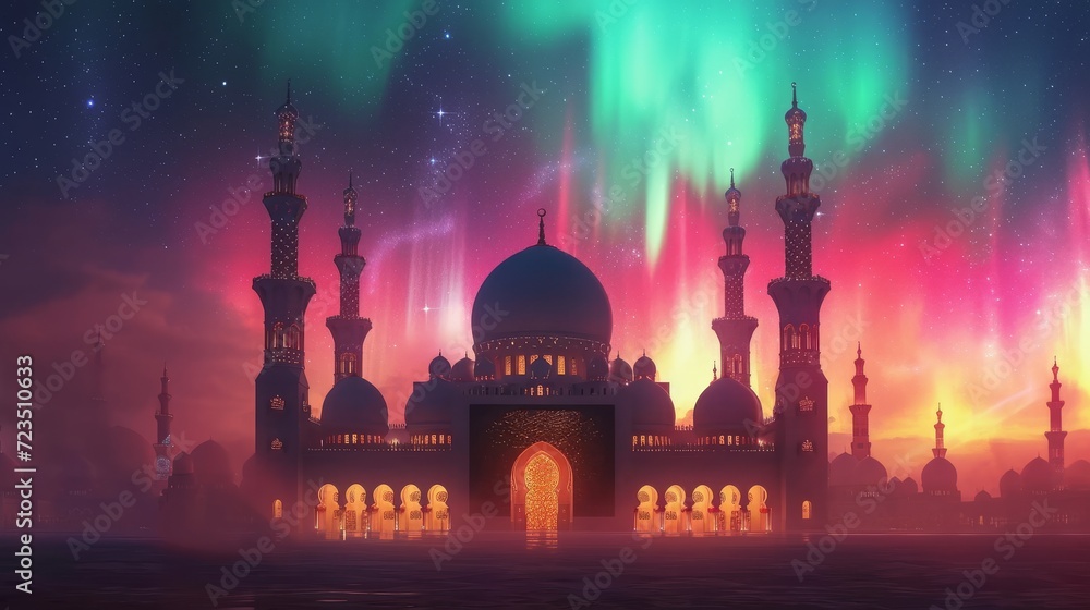 Image of a grand Islamic mosque in a desert, with an Aurora Borealis-like cosmic phenomenon in the sky. Mosque illuminated from within, colorful cosmic lights dancing in the sky,