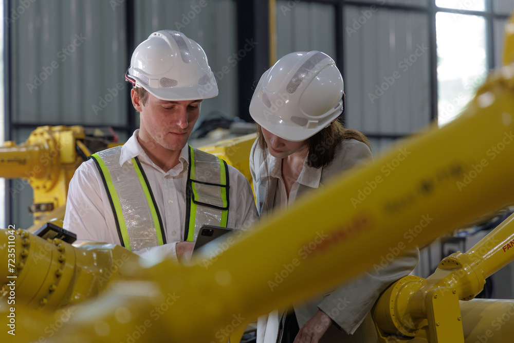 Fototapeta premium Engineers Collaborating on Factory Floor Amidst Robotics Equipment