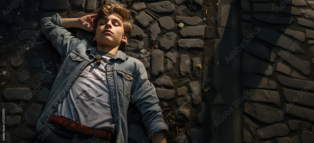 Dreamy teenage boy with his eyes closed lying on the dirty cobbles stone pavement, one hand under his head, birds eyes view, blue denim jacket, grey shirt, freedom, Caucasian, copy space, 9:16