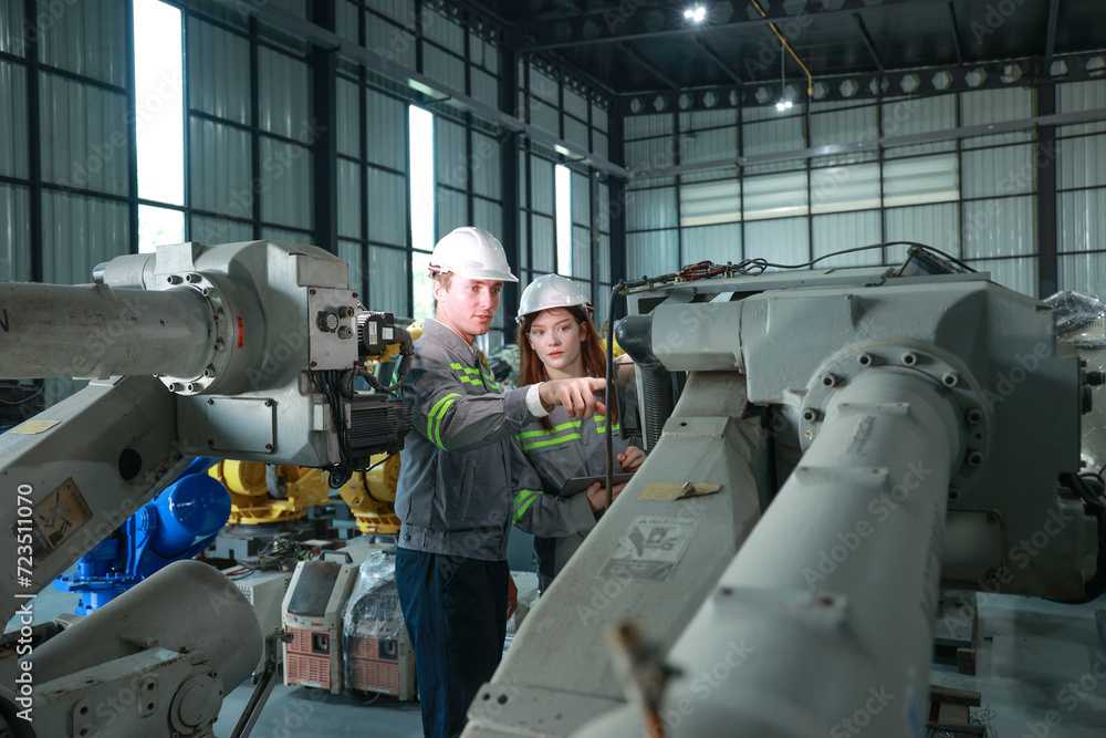 Naklejka premium Engineers Conducting Precision Analysis in Robotic Arm Assembly Area