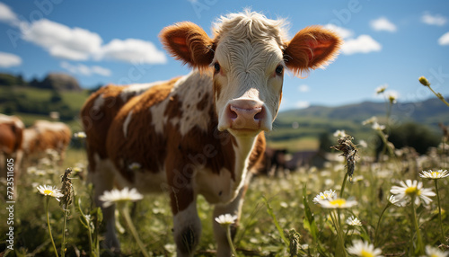 Cute cow grazing on green meadow, enjoying summer beauty generated by AI