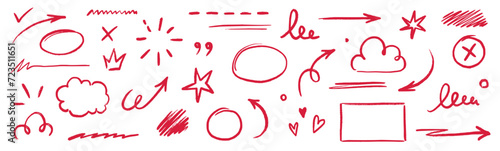 Line text highlight, red hand drawn pen brush marker vector. Line text underline, emphasis, star, arrow mark element. Hand drawn stroke, crown, love heart, pencil swoosh shape. Vector illustration. photo