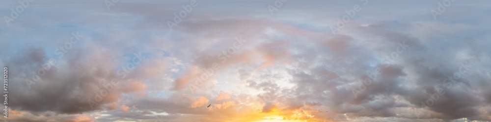 Obraz premium Sunset sky panorama with bright glowing pink Cumulus clouds. HDR 360 seamless spherical panorama. Full zenith or sky dome for 3D visualization, sky replacement for aerial drone panoramas.