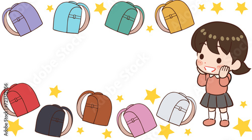 カラフルなランドセルにあこがれる子供のイラスト