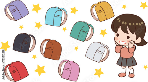 カラフルなランドセルにあこがれる子供のイラスト