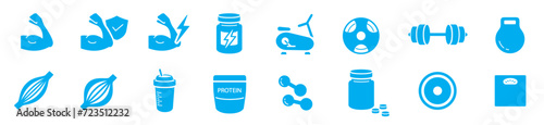 Protein, Gym, Bodybuilding, Fitness, Health, Muscle editable stroke icons set collection vector