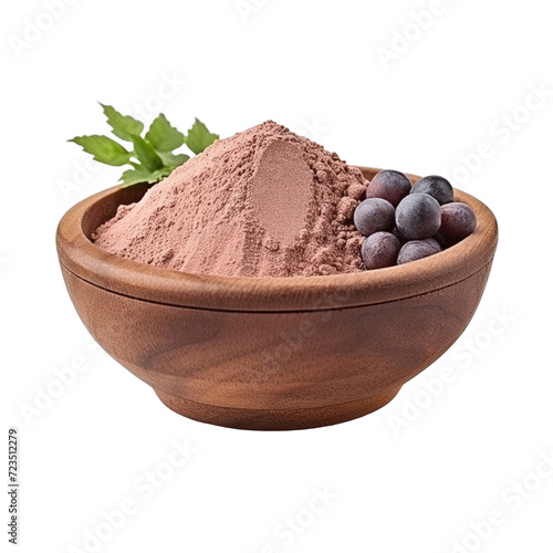 pile of finely dry organic fresh raw saw palmetto berry powder in wooden bowl png isolated on white background. bright colored of herbal, spice or seasoning recipes clipping path. selective focus photo