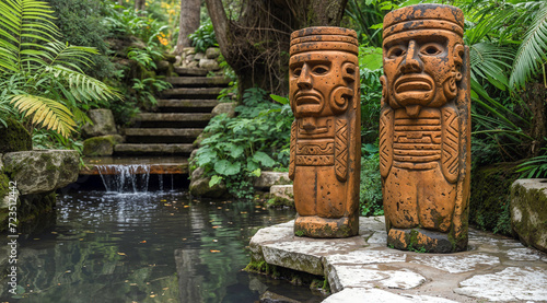 Mysterious Carved Totems Amidst Lush Foliage Enigmatic Totem Sculptures, mesoamerican artifact concept, jungle scene, stone sculptures