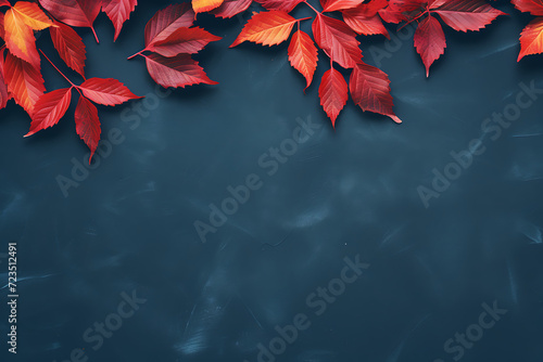 Autumn leaves on dark blue background with copy space for text.