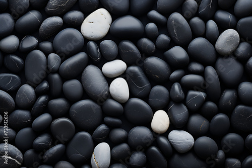 Black and white pebbles background. Top view, flat lay.