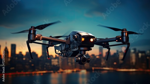 Quadcopter drone flying against a city skyline at dusk with illuminated buildings in the background. photo